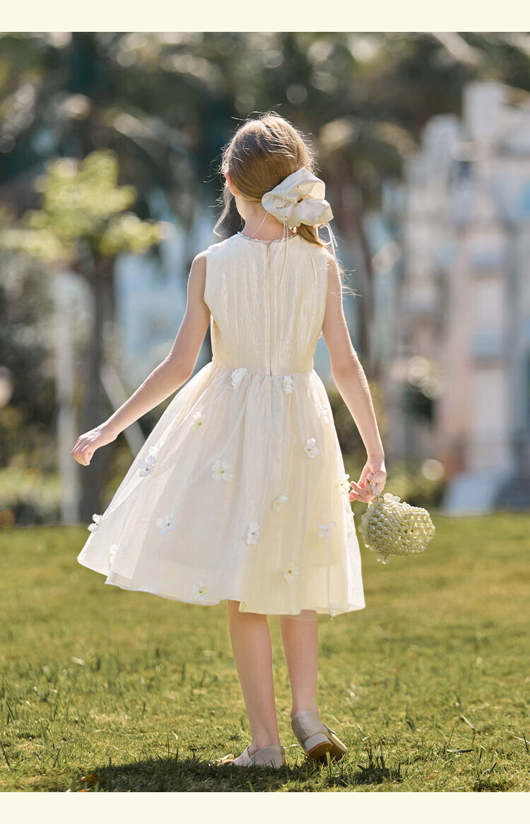 CHANZUIGOU Girls' French High-End Princess Dress 2026 Summer New Stylish Round Neck Floral Satin Dress 22